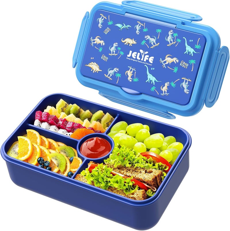 Jelife Bento Lunch Box - Kids Prints Leakproof 4 Compartments Large Bento-Style Bento Box Toddler Lunchbox Containers with Tableware Back to School, Reusable On-the-Go Meal and Snack Packing, Dianosar - Image 1